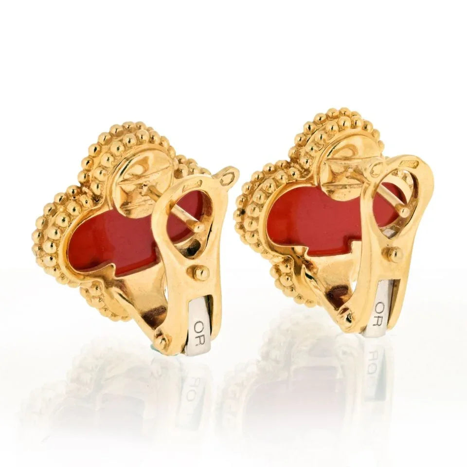 Van Cleef & Arpels Vintage 18K Yellow Gold Alhambra Carnelian Clover Earrings - The Back Vault