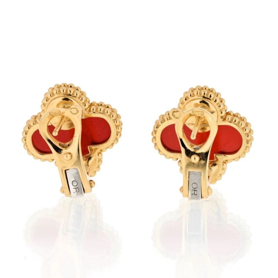Van Cleef & Arpels Vintage 18K Yellow Gold Alhambra Carnelian Clover Earrings - The Back Vault