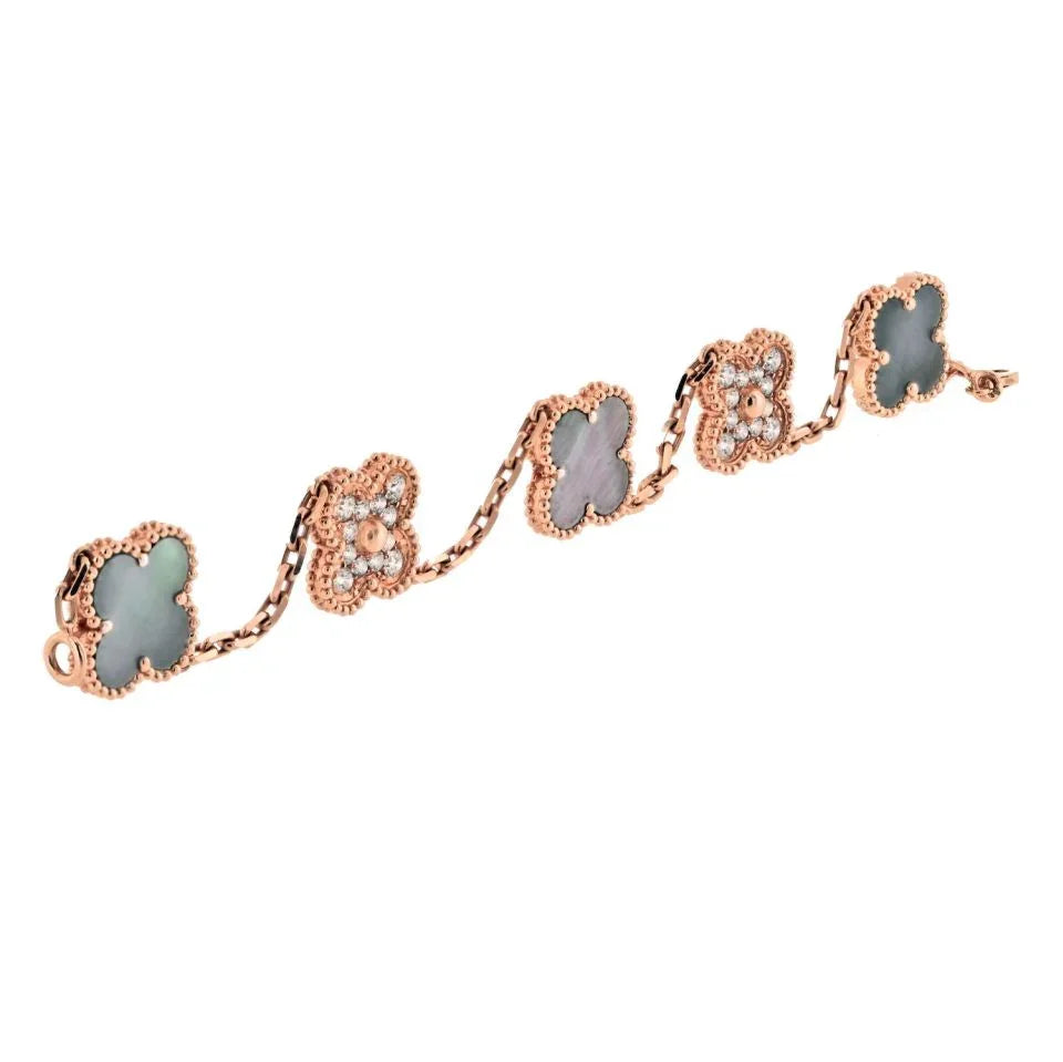Van Cleef & Arpels Alhambra 18K Rose Gold 5 Motif MOP Gold Clovers Bracelet - The Back Vault