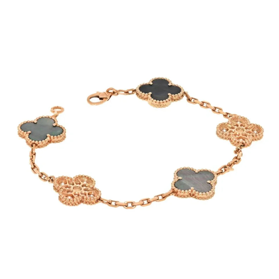 Van Cleef & Arpels Alhambra 18K Rose Gold 5 Motif MOP Gold Clovers Bracelet - The Back Vault