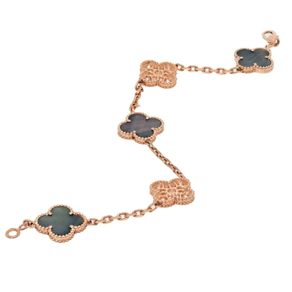 Van Cleef & Arpels Alhambra 18K Rose Gold 5 Motif MOP Gold Clovers Bracelet - The Back Vault