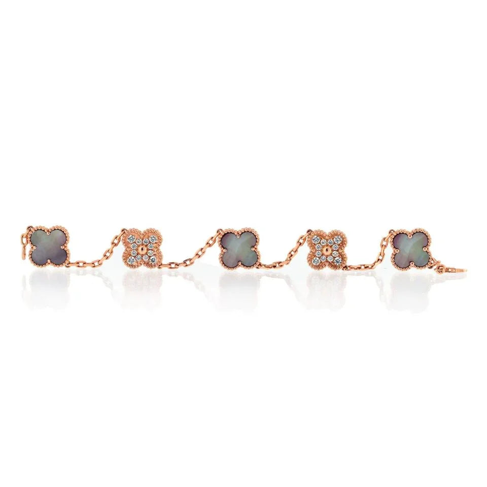 Van Cleef & Arpels Alhambra 18K Rose Gold 5 Motif MOP Gold Clovers Bracelet - The Back Vault