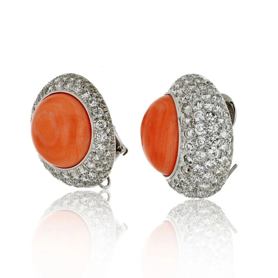 David Webb 18K White Gold 12.50cttw Round Button Coral And Daimond Clip Earrings - The Back Vault