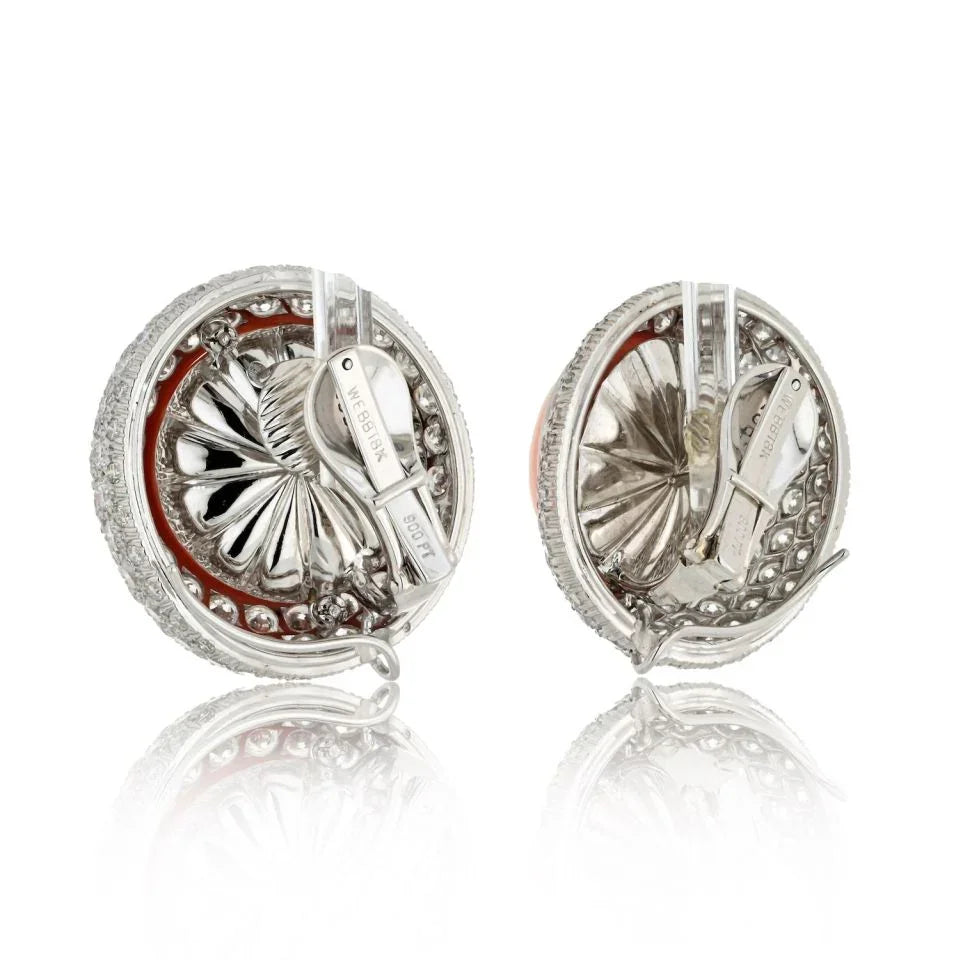 David Webb 18K White Gold 12.50cttw Round Button Coral And Daimond Clip Earrings - The Back Vault
