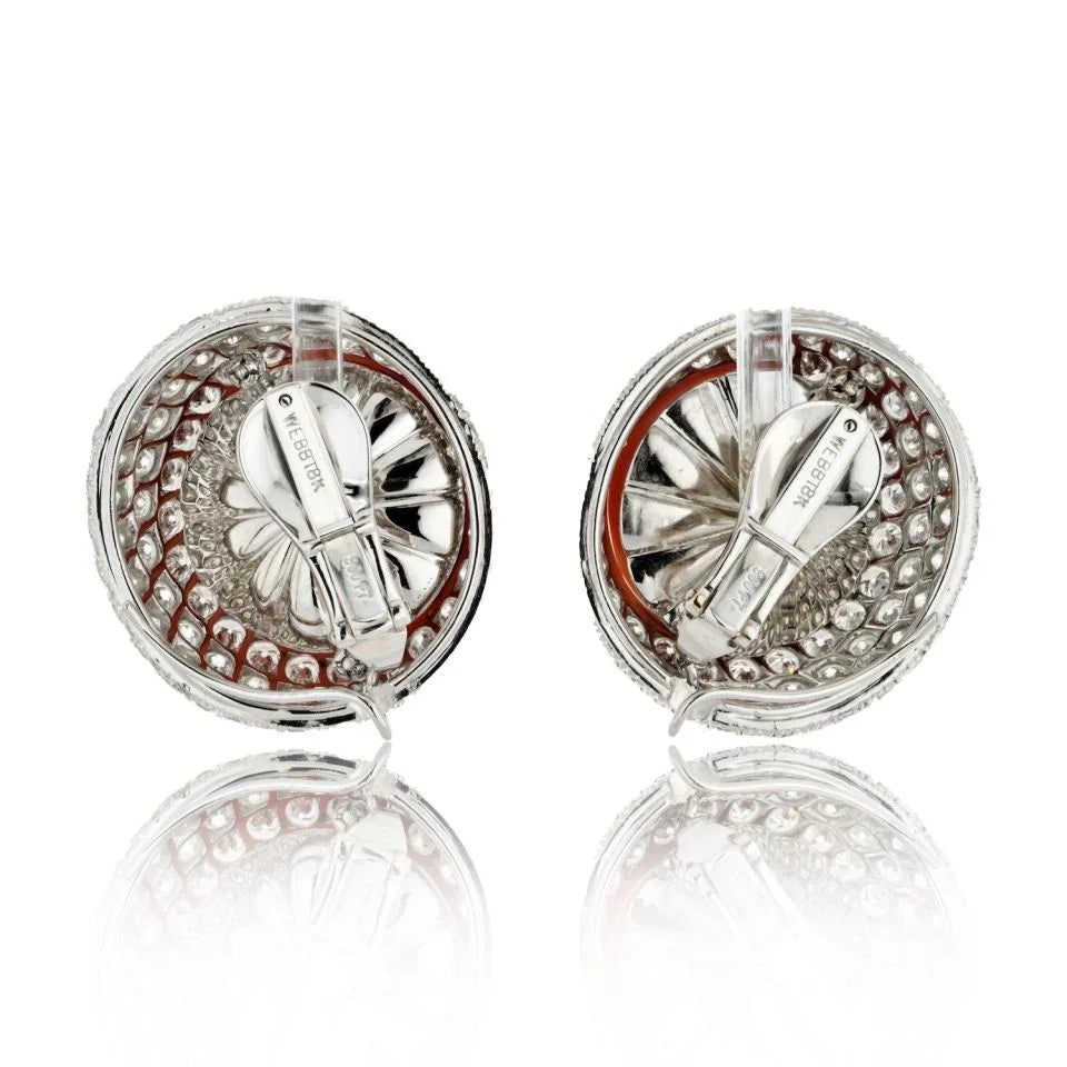 David Webb 18K White Gold 12.50cttw Round Button Coral And Daimond Clip Earrings - The Back Vault