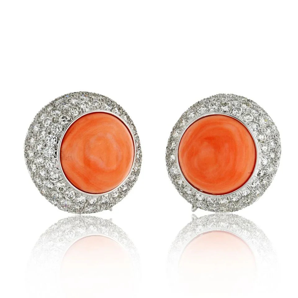 David Webb 18K White Gold 12.50cttw Round Button Coral And Daimond Clip Earrings - The Back Vault