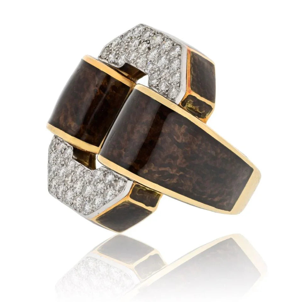 David Webb Platinum & 18K Yellow Gold Tire Brown Enamel Diamond Ring - The Back Vault
