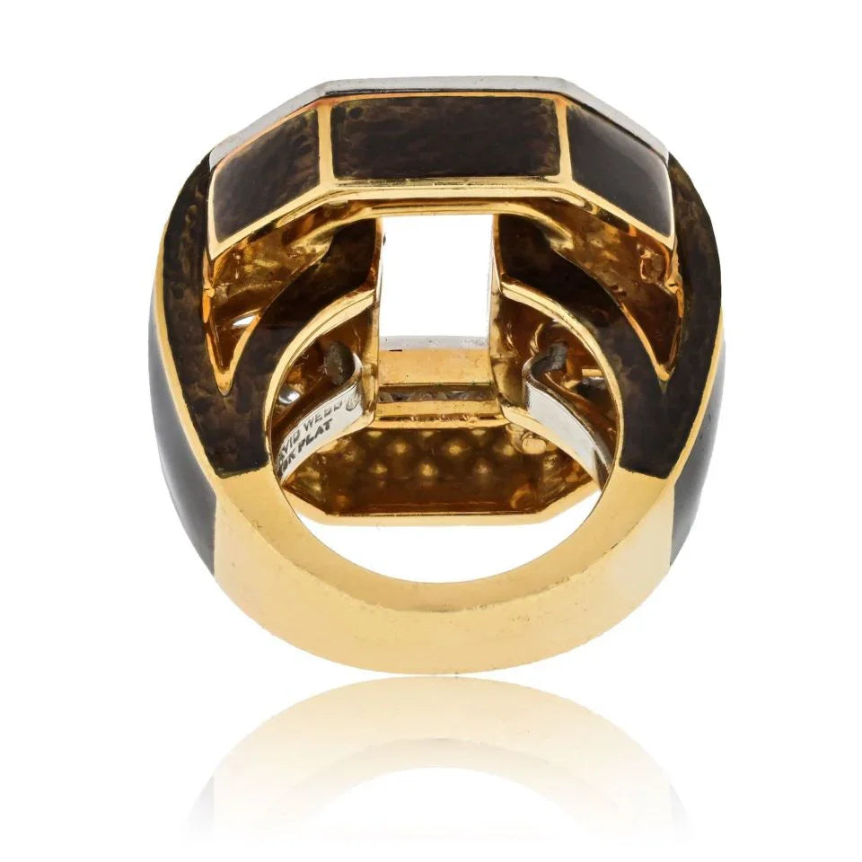 David Webb Platinum & 18K Yellow Gold Tire Brown Enamel Diamond Ring - The Back Vault
