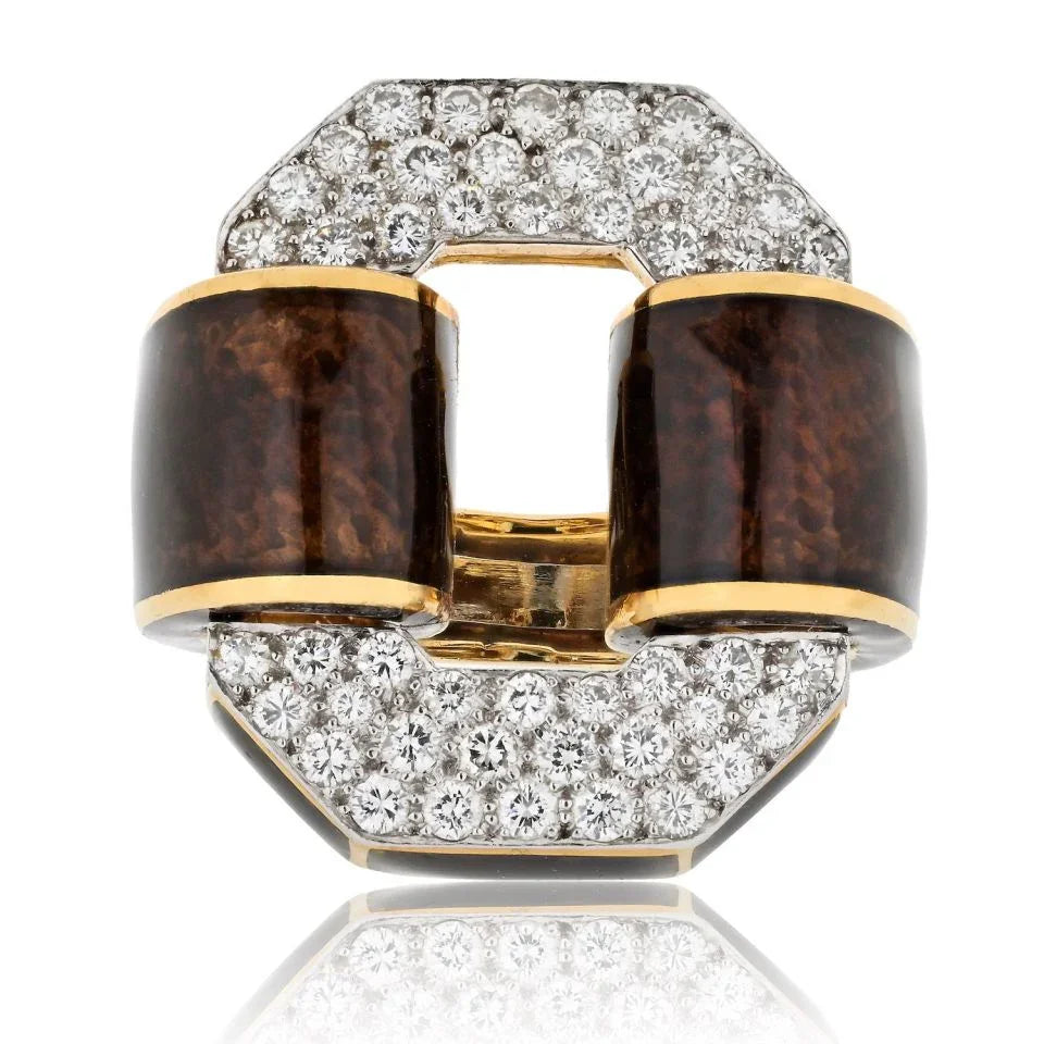 David Webb Platinum & 18K Yellow Gold Tire Brown Enamel Diamond Ring - The Back Vault