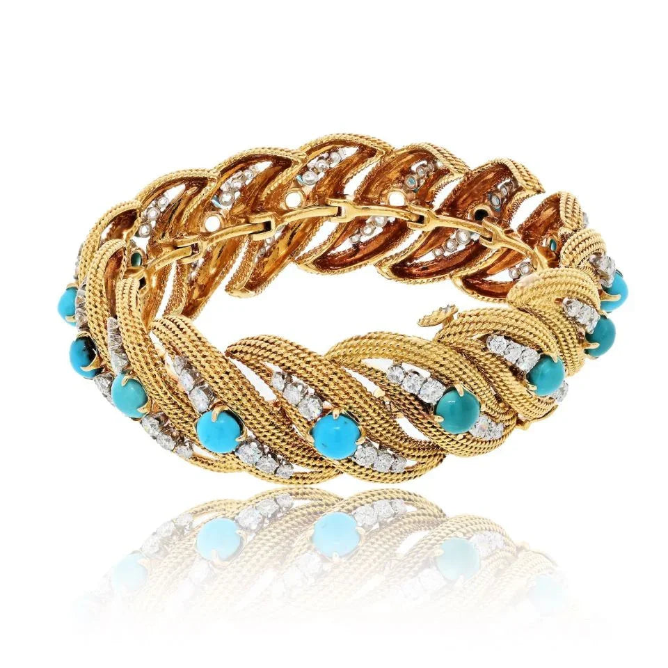 David Webb Platinum & 18K Yellow Gold Turquoise And Diamond Bracelet - The Back Vault