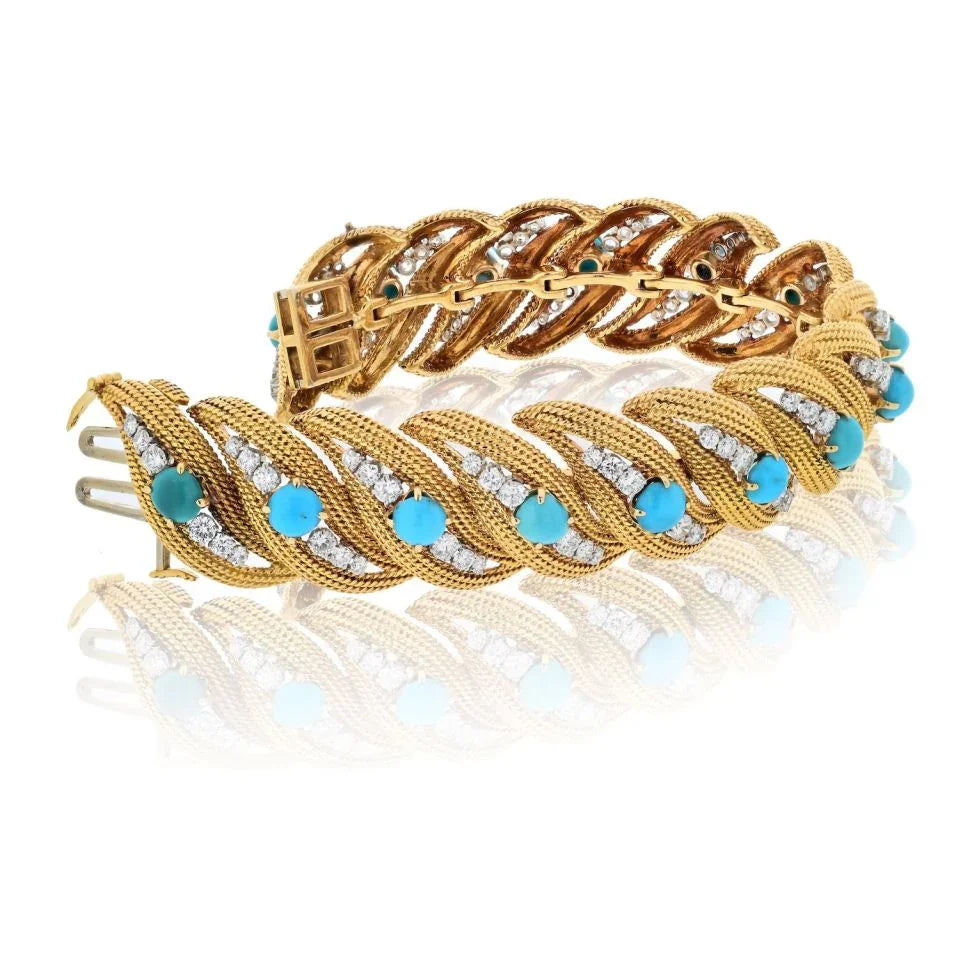 David Webb Platinum & 18K Yellow Gold Turquoise And Diamond Bracelet - The Back Vault
