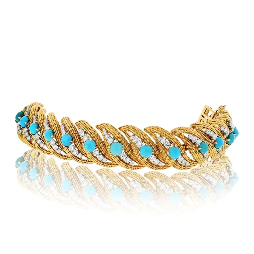 David Webb Platinum & 18K Yellow Gold Turquoise And Diamond Bracelet - The Back Vault