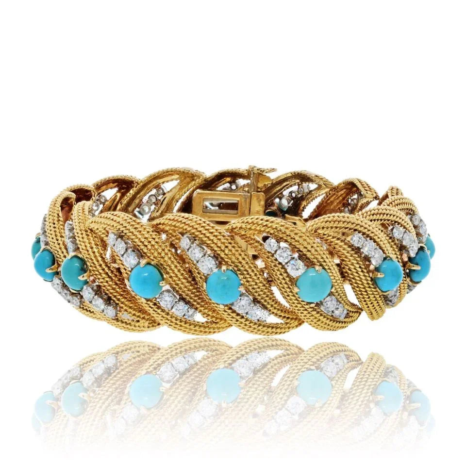David Webb Platinum & 18K Yellow Gold Turquoise And Diamond Bracelet - The Back Vault