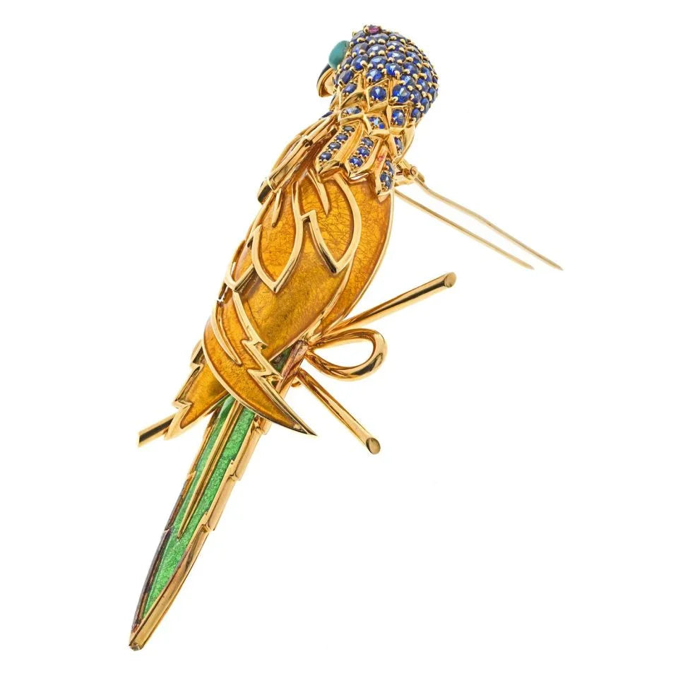 Tiffany & Co. Schlumberger Platinum & 18K Yellow Gold Yellow, Green Enamel Parrot Brooch - The Back Vault