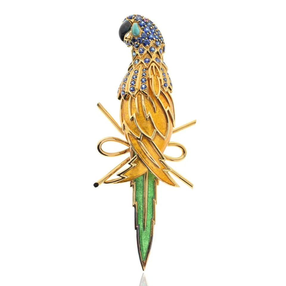 Tiffany & Co. Schlumberger Platinum & 18K Yellow Gold Yellow, Green Enamel Parrot Brooch - The Back Vault