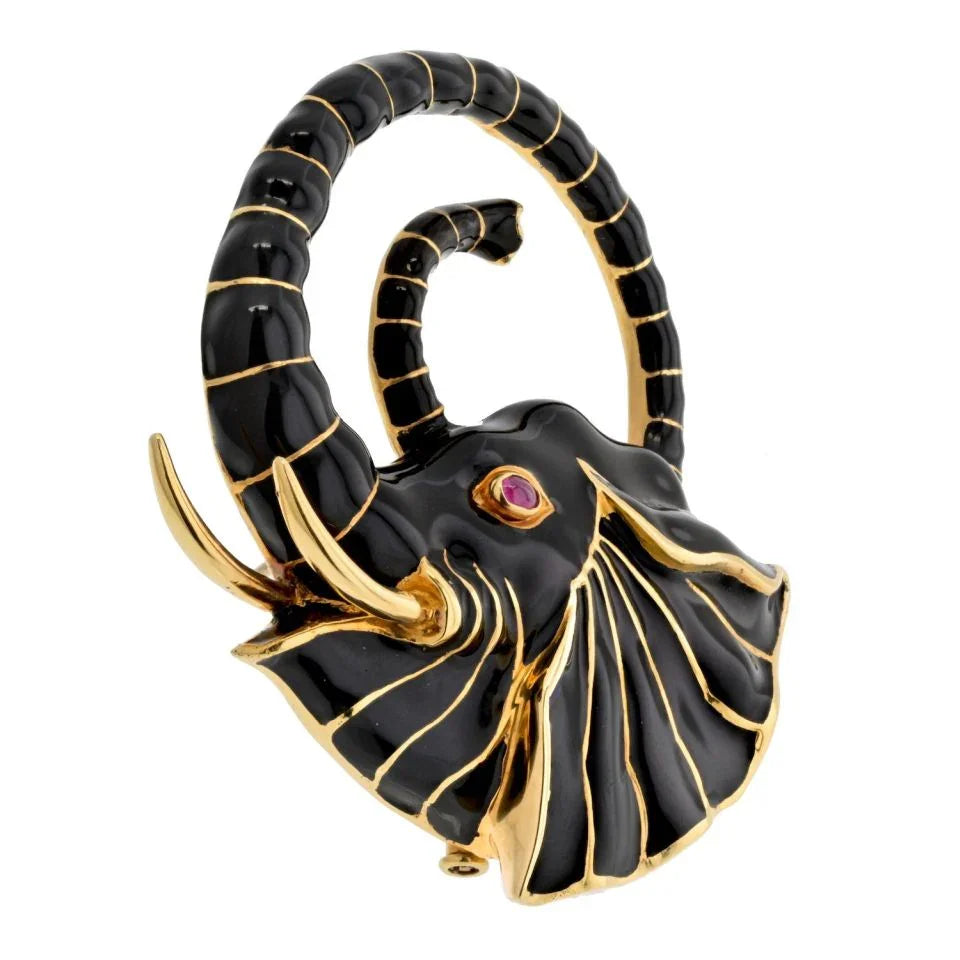 David Webb Platinum & 18K Yellow Gold Black Enamel Elephant Brooch - The Back Vault