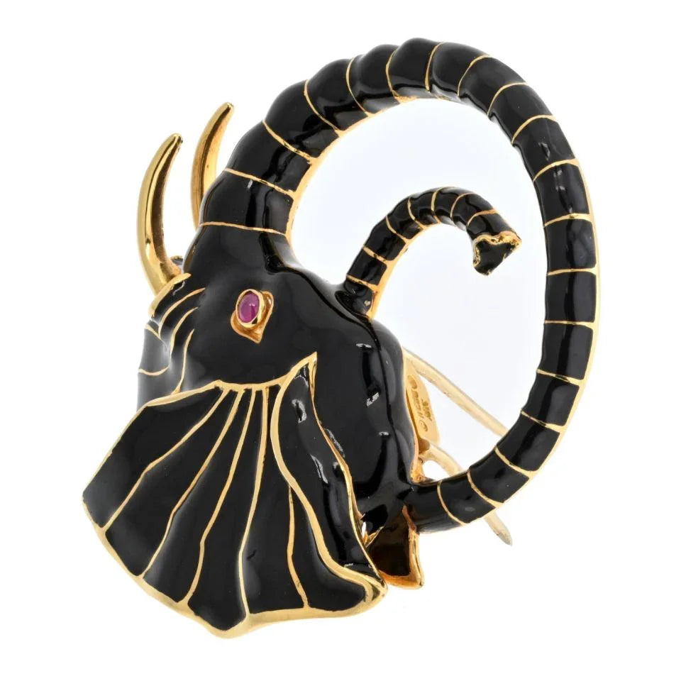 David Webb Platinum & 18K Yellow Gold Black Enamel Elephant Brooch - The Back Vault