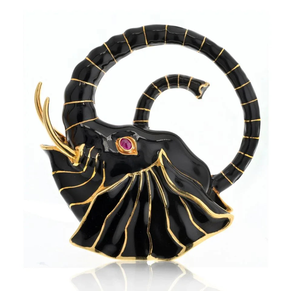 David Webb Platinum & 18K Yellow Gold Black Enamel Elephant Brooch - The Back Vault