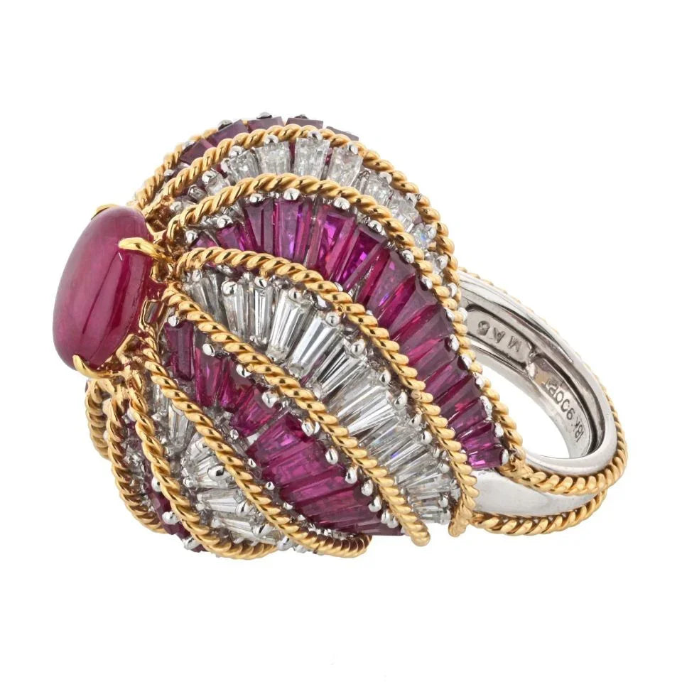 David Webb Platinum & 18K Yellow Gold Ruby And Diamond Turban Ring - The Back Vault