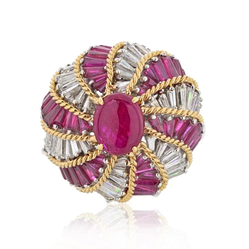 David Webb Platinum & 18K Yellow Gold Ruby And Diamond Turban Ring - The Back Vault