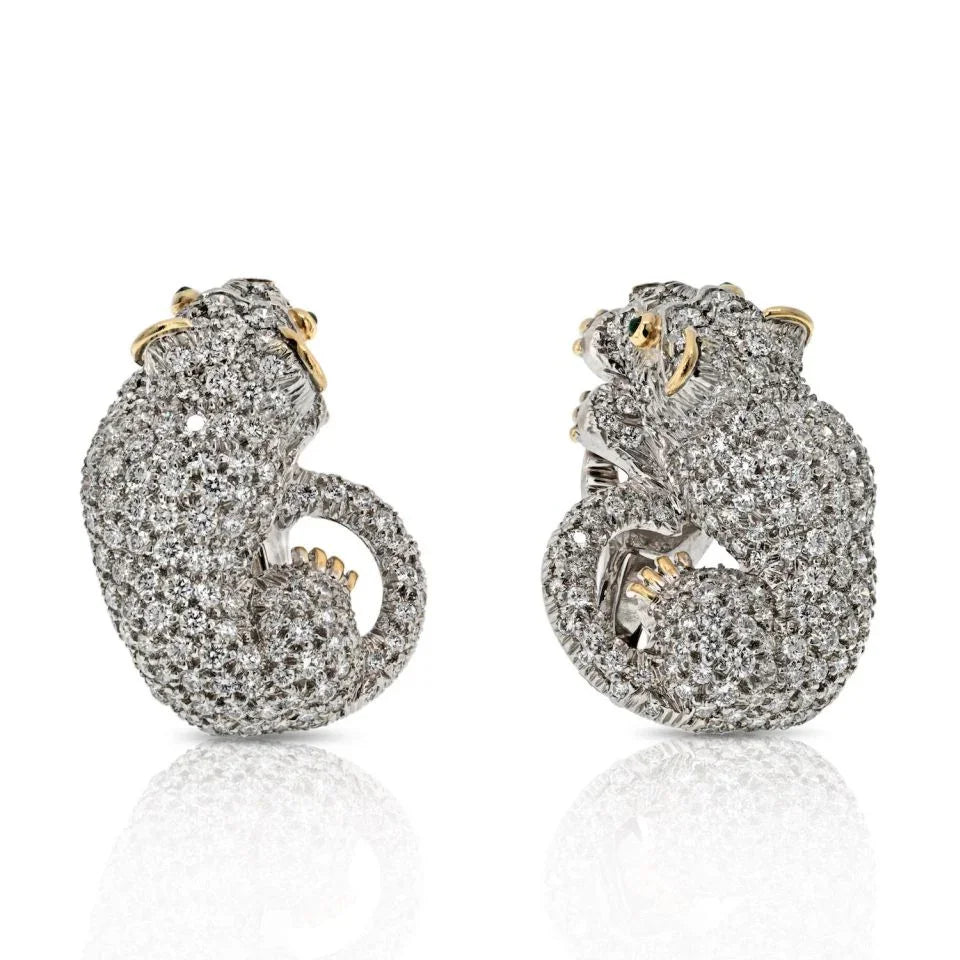 David Webb Platinum Diamond Panthere 6.50cttw Earrings - The Back Vault