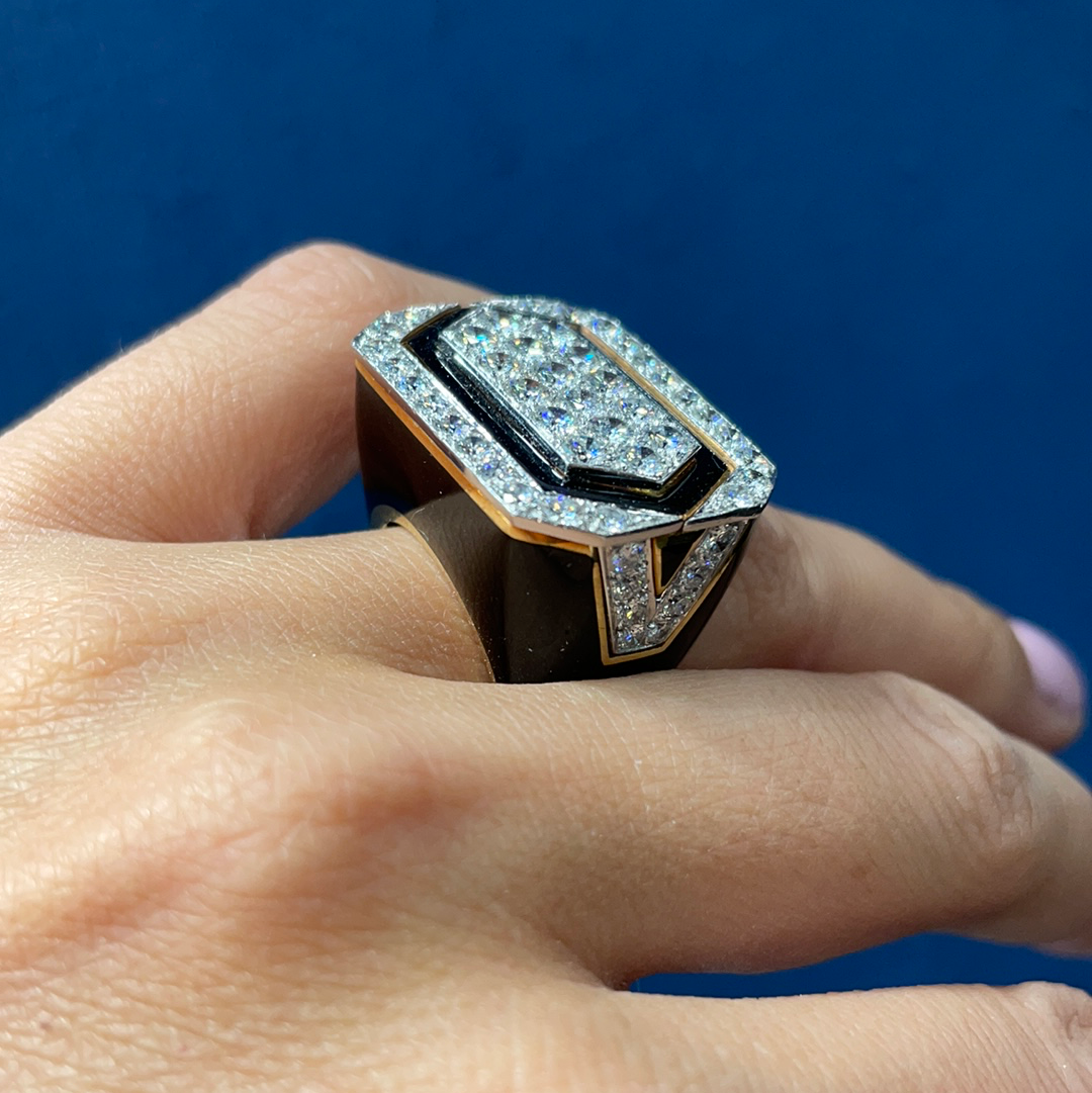 David Webb Platinum & 18K Yellow Gold Black Enamel And Diamond Ring
