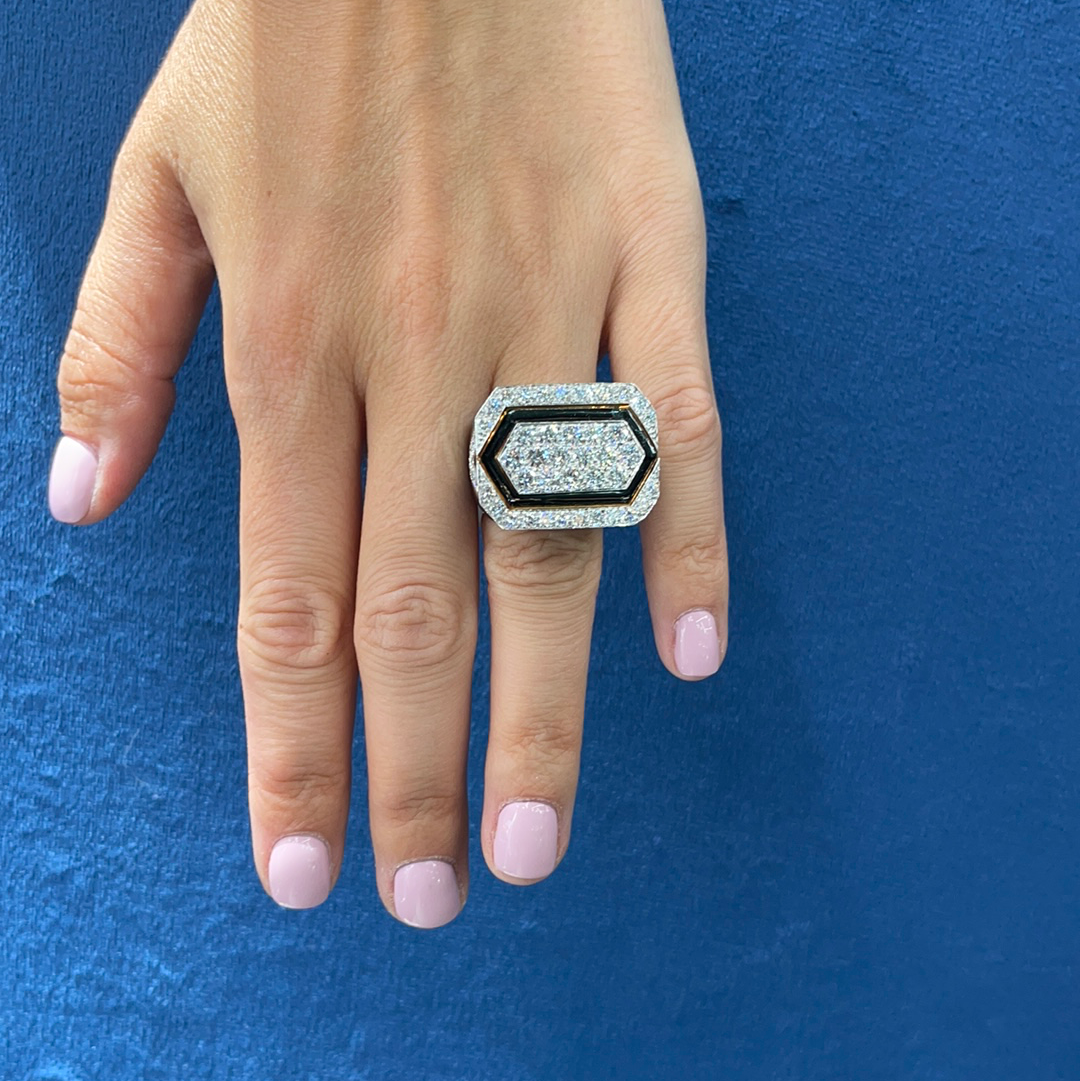 David Webb Platinum & 18K Yellow Gold Black Enamel And Diamond Ring