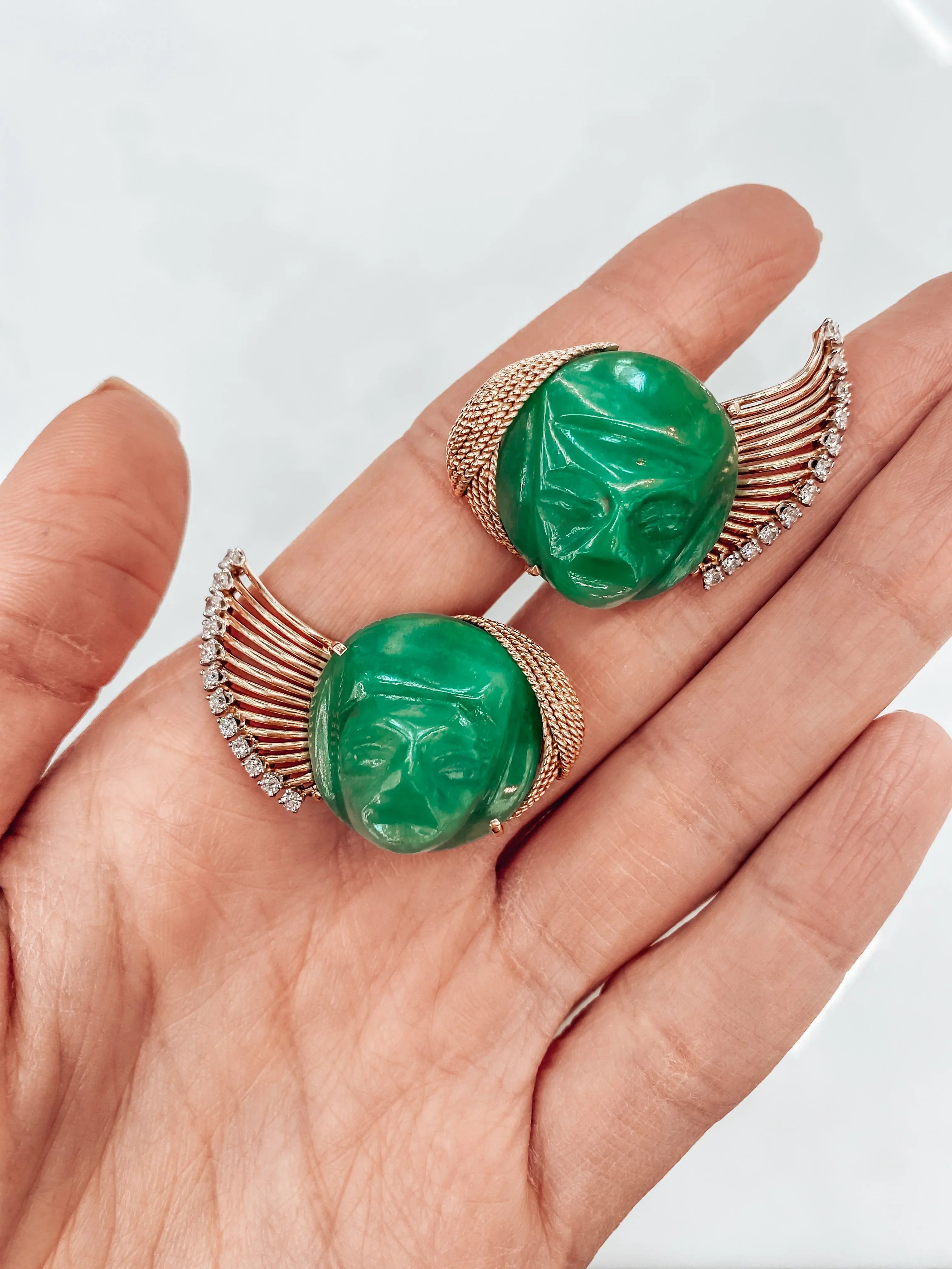 French Platinum & 18K Yellow Gold Carved Jade Faces Clip-On Earrings - The Back Vault