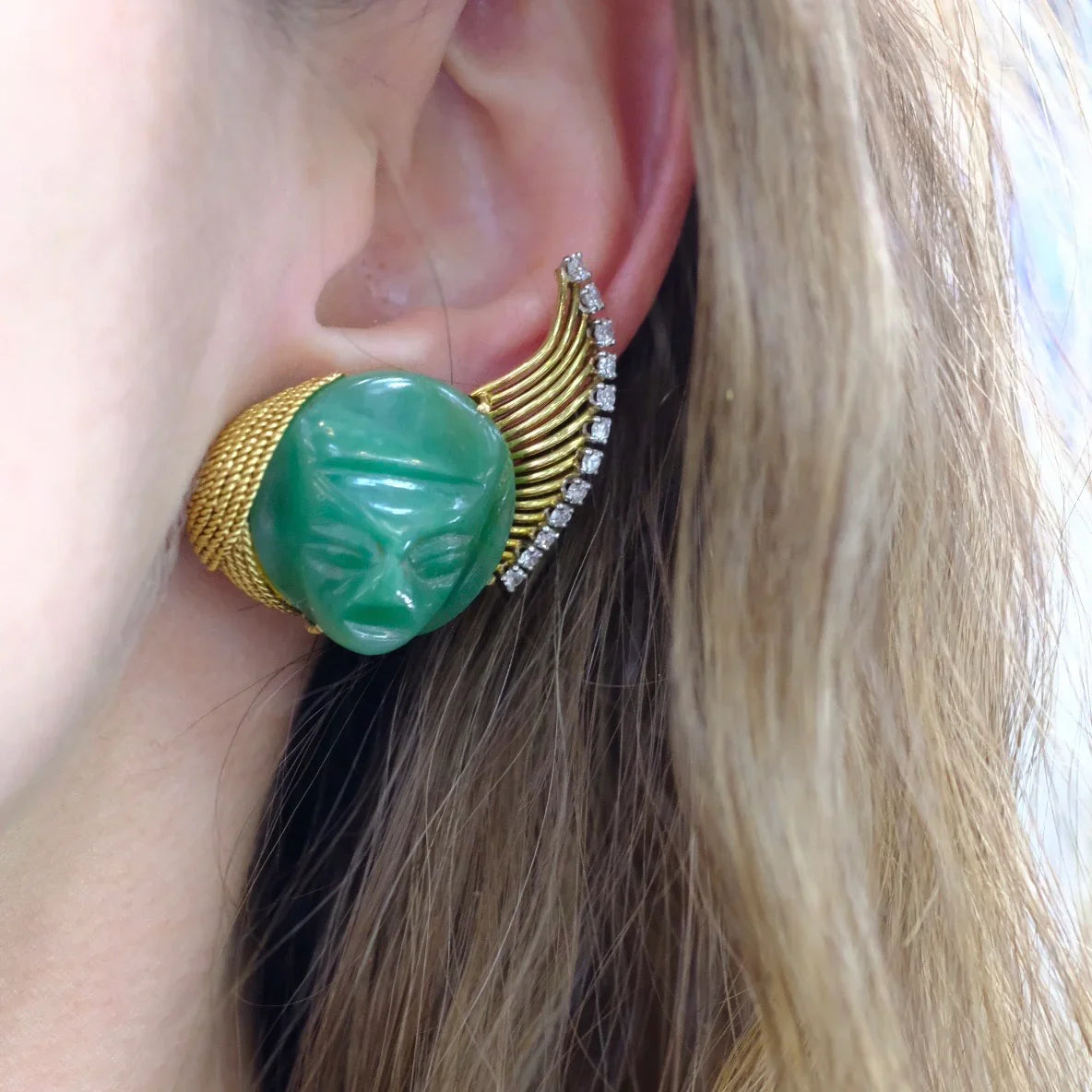 French Platinum & 18K Yellow Gold Carved Jade Faces Clip-On Earrings - The Back Vault