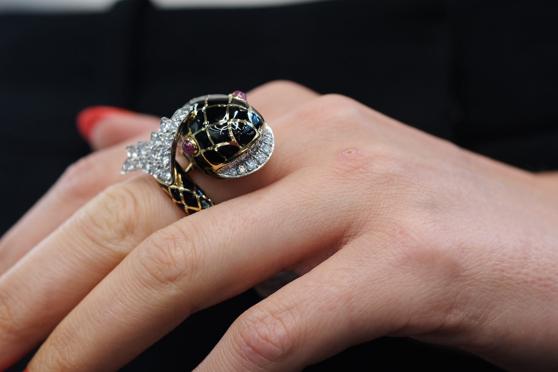David Webb Platinum & 18K Yellow Gold Koi Fish Black Enamel Ring