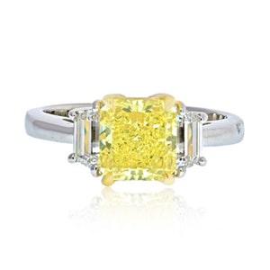 2 carat Radiant Cut Diamond Fancy Yellow GIA Three Stone Engagement Ring