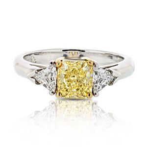 1.27 carat Radiant Cut Fancy Yellow Trilliant Cut Three Stone Diamond Engagement Ring