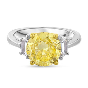 2 carat Fancy Intense Yellow Round Cut And Trapezoid Cuts Three Stone Diamond Ring