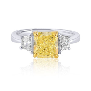 2.07 carat Radiant Cut Diamond Fancy Yellow Three Stone Engagement Ring