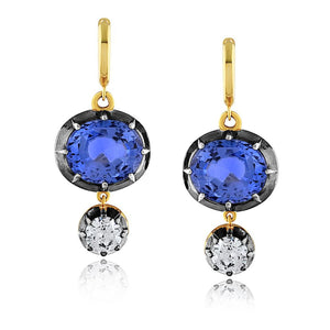 18K Yellow Gold & Silver Sapphire And Diamond Vintage Inspired Earrings