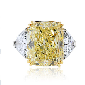13 carat Cushion Cut Diamond Fancy Yellow GIA Three Stone Diamond Engagement Ring