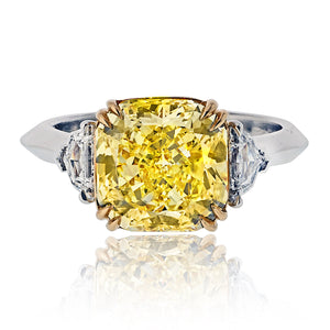 4 carat Radiant Cut Diamond Fancy Intense Yellow GIA Three Stone Engagement Ring