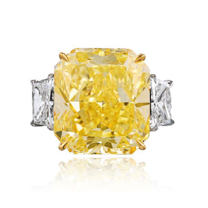 20 carat Radiant Cut Diamond Fancy Yellow GIA 20.02 Radiant Cut Fancy Yellow VVS1 Three Stone Diamond Engagement Ring
