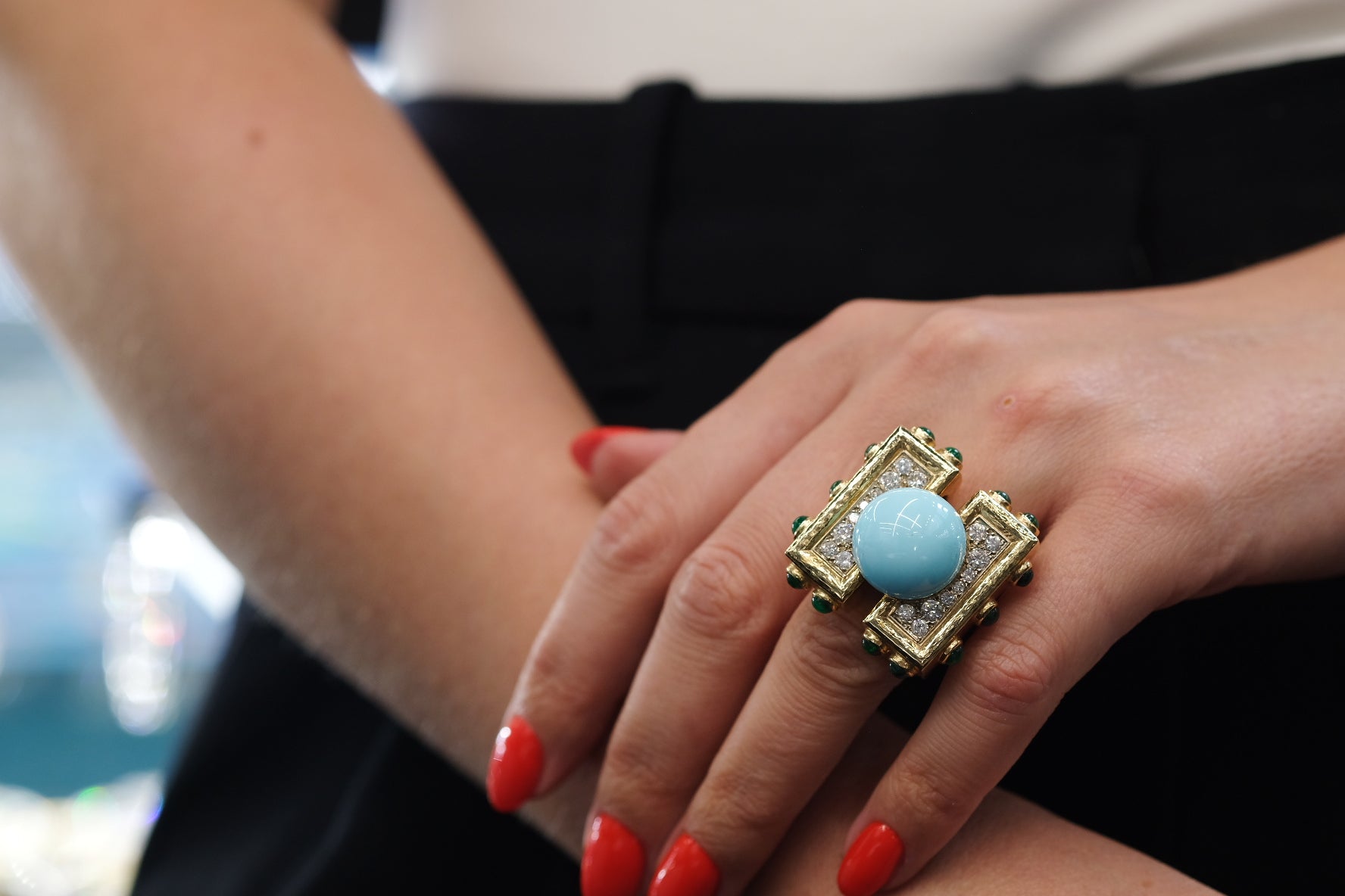 David Webb Platinum & 18K Yellow Gold Turquoise Diamond Emerald Oversized Ring