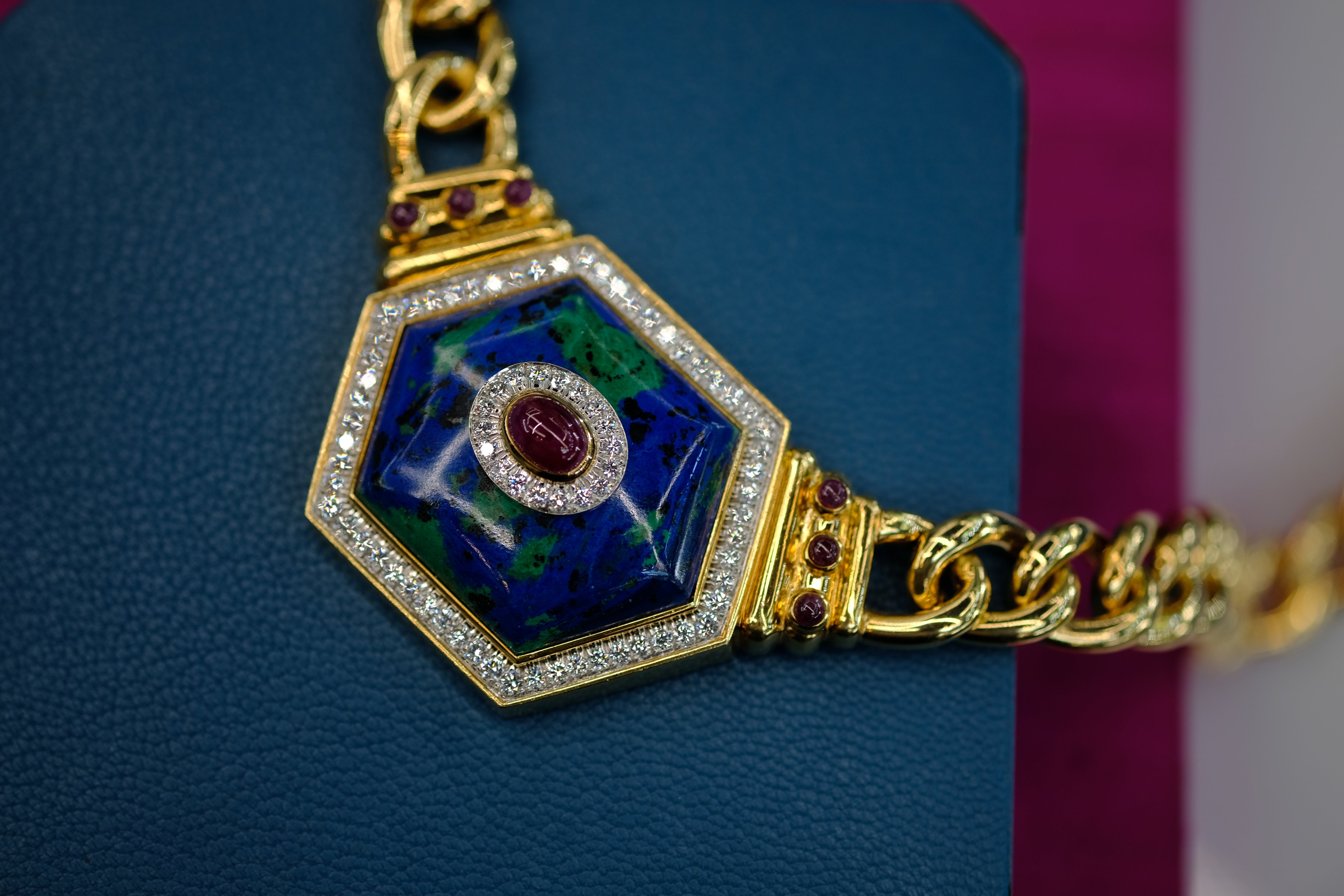 David Webb 18K Yellow Gold Hexagonal-Shaped Azurmalachite Necklace