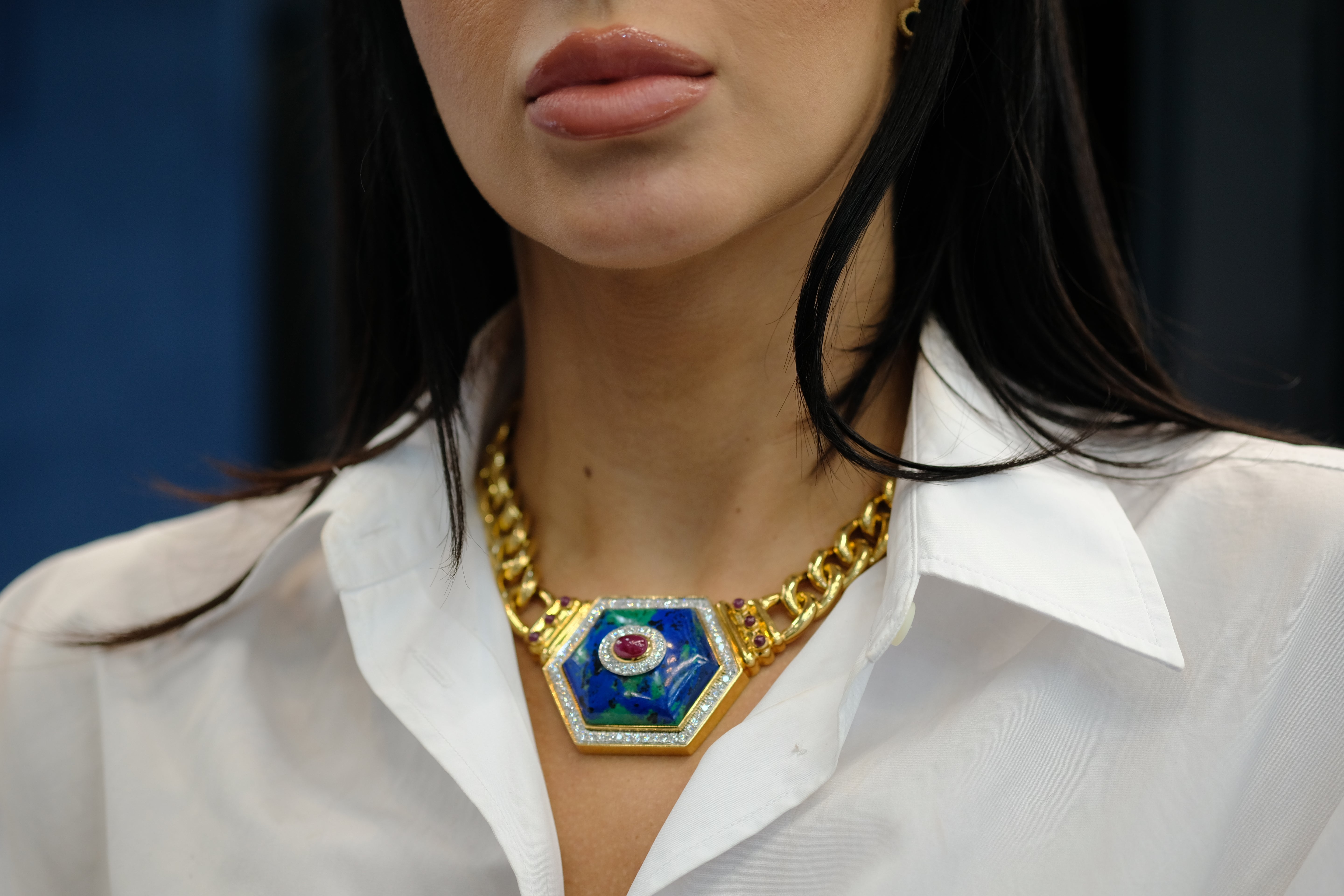 David Webb 18K Yellow Gold Hexagonal-Shaped Azurmalachite Necklace