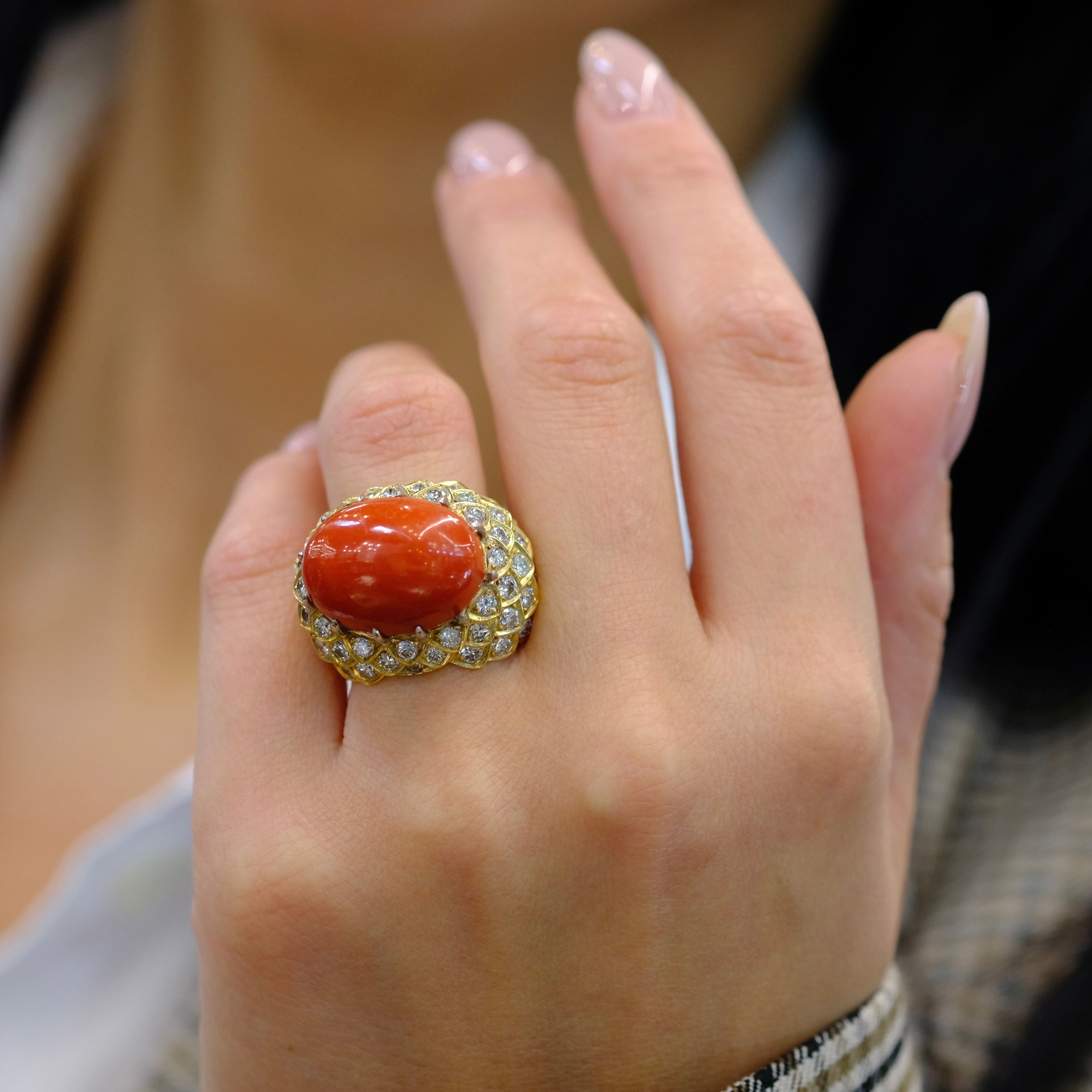 David Webb Platinum & 18K Yellow Gold Oval Coral And Diamond 1970's Ring