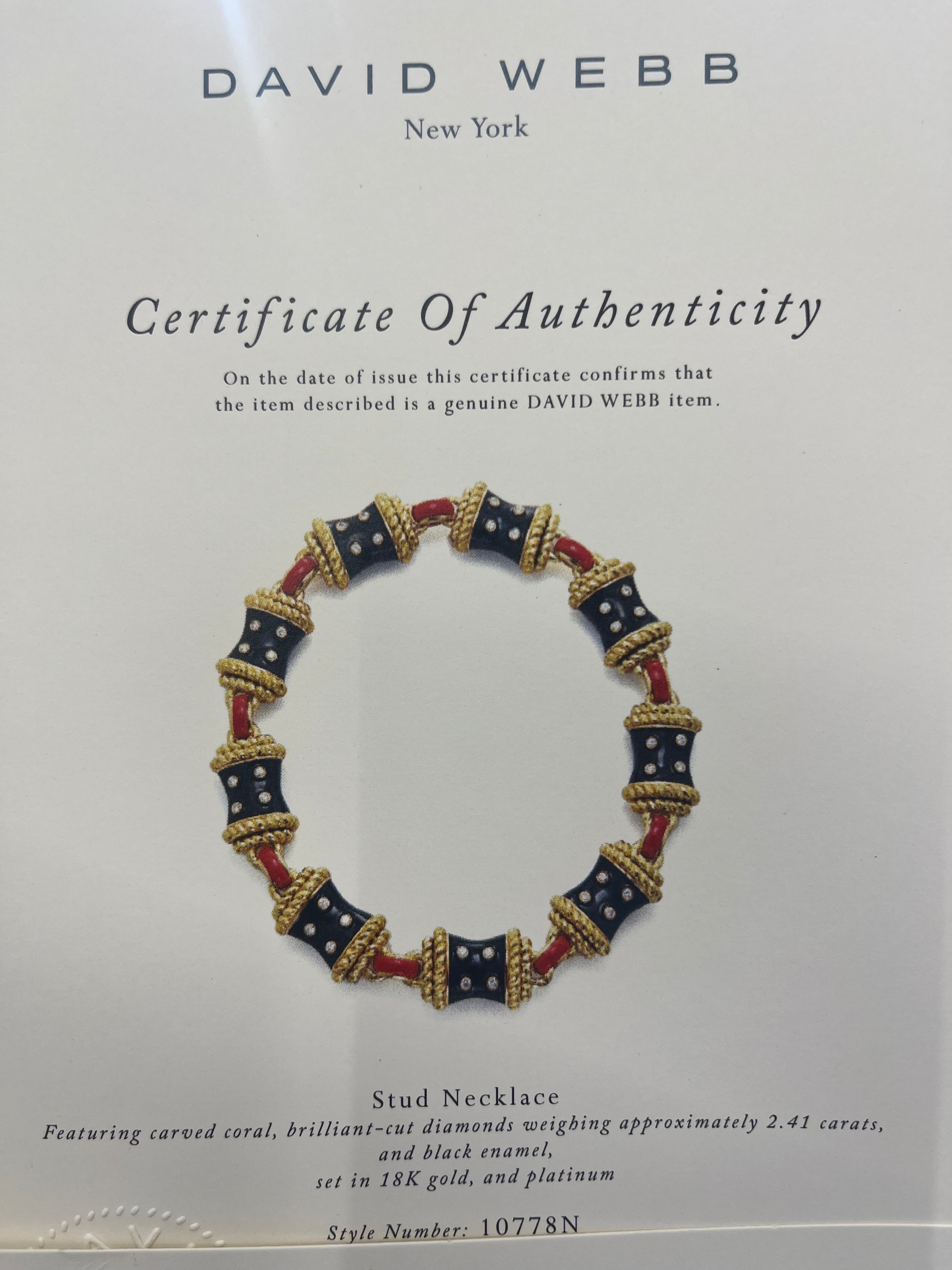 David Webb Platinum & 18K Yellow Gold Coral, Diamonds, Black Enamel Necklace