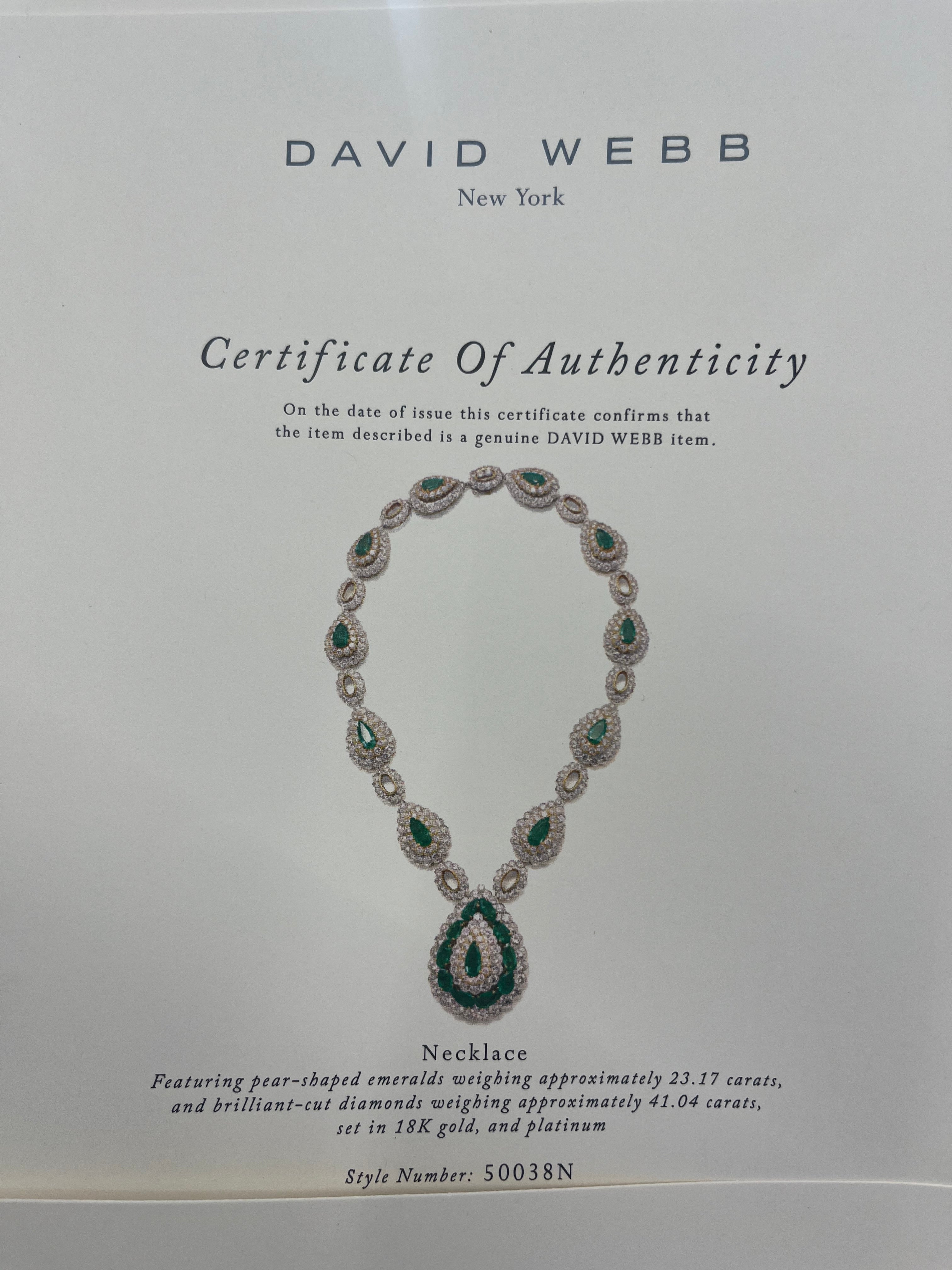 David Webb Emerald Platinum & 18K Yellow Gold Pear Shaped Green Emerald And Diamond Vintage Necklace