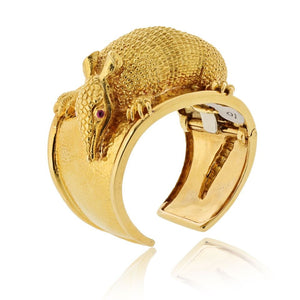 David Webb 18K Yellow Gold Armadillo Cuff With Ruby Eyes Bracelet