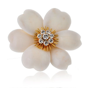 Van Cleef & Arpels 18K Yellow Gold Rose De Noel White Coral Large Model Brooch