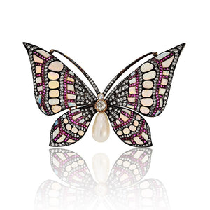 18K Yellow Gold & Silver Light Blue Opal And Daimond Butterfly Brooch