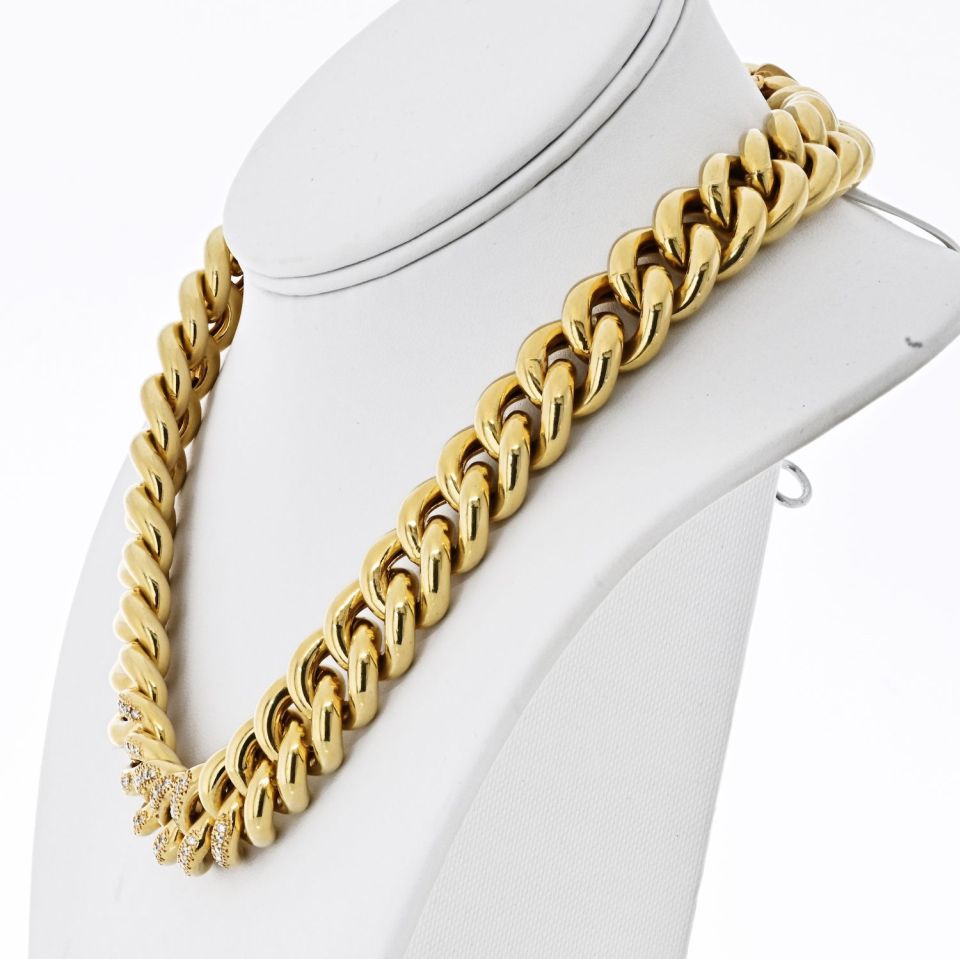 18K Yellow Gold Cuban Chain Link With Round Diamonds 18 Inches Long Necklace - The Back Vault