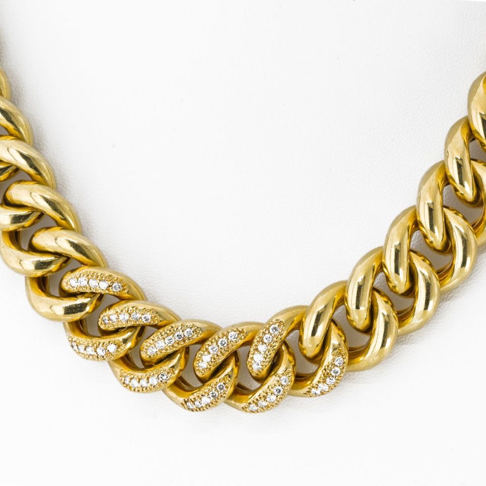 18K Yellow Gold Cuban Chain Link With Round Diamonds 18 Inches Long Necklace - The Back Vault