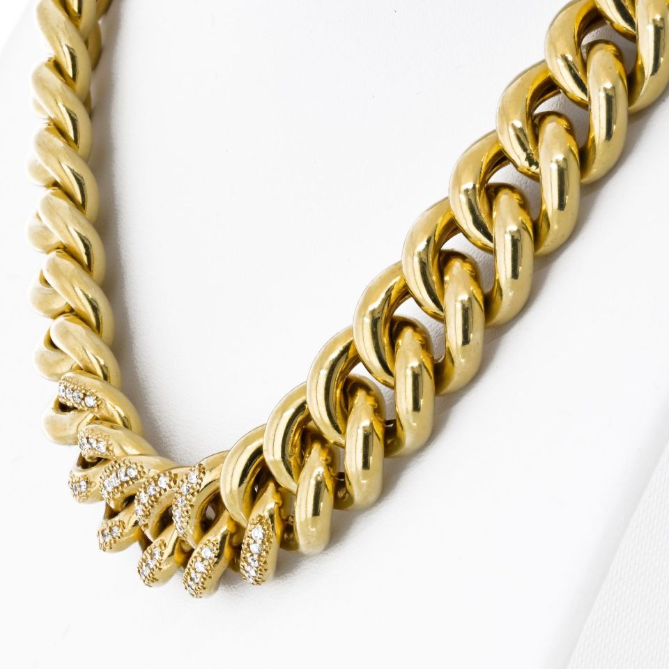 18K Yellow Gold Cuban Chain Link With Round Diamonds 18 Inches Long Necklace - The Back Vault